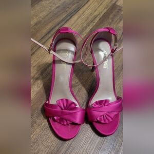 Frenchi Fuchsia Satin Ankle-Strap Heels with Rosette Knot